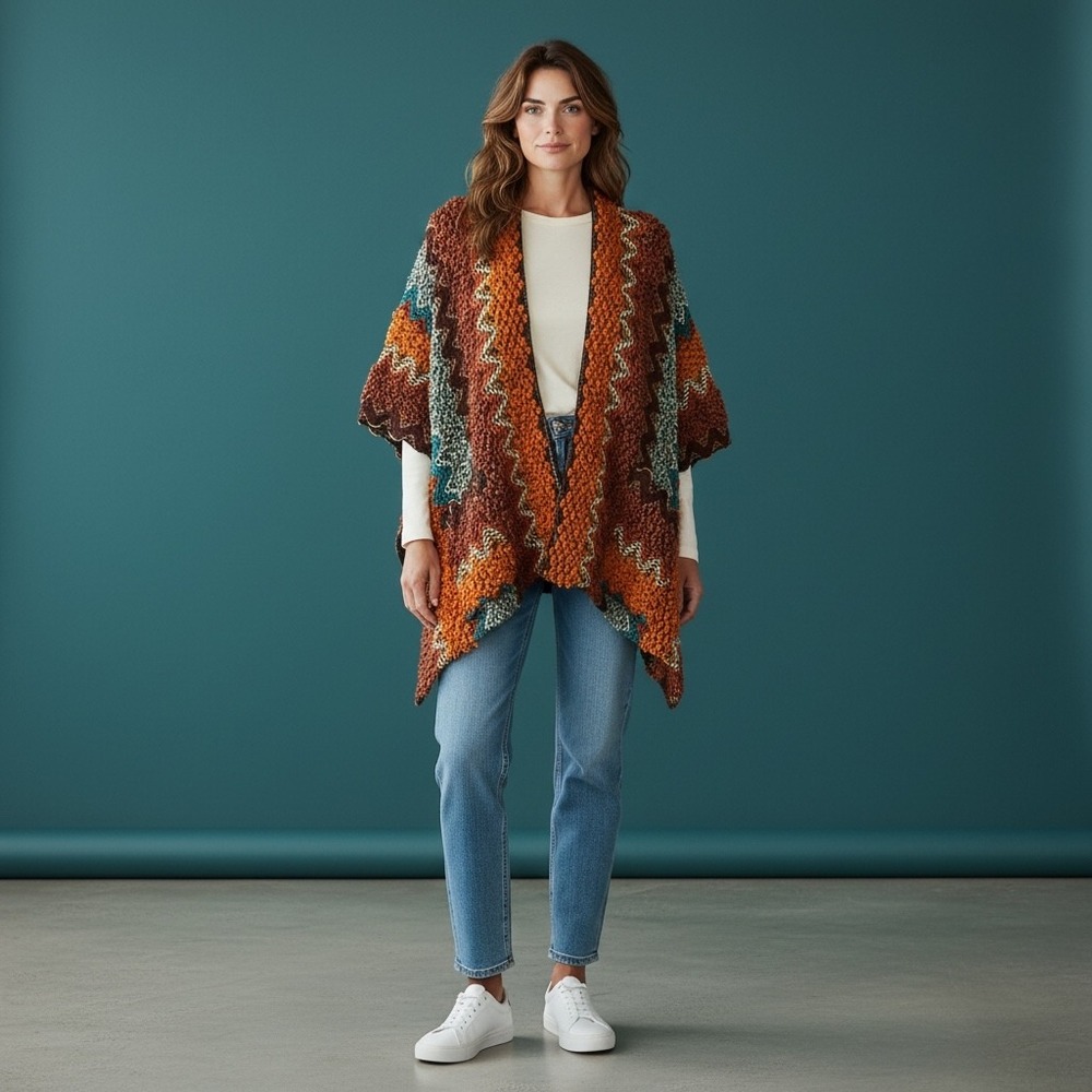 C EST 1946 Textured Zigzag Knit‎ Open Front Poncho Cardigan